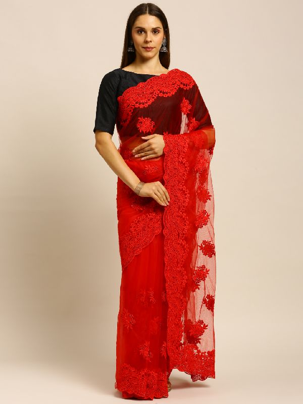 349 Net Red Hand Embroidered Saree