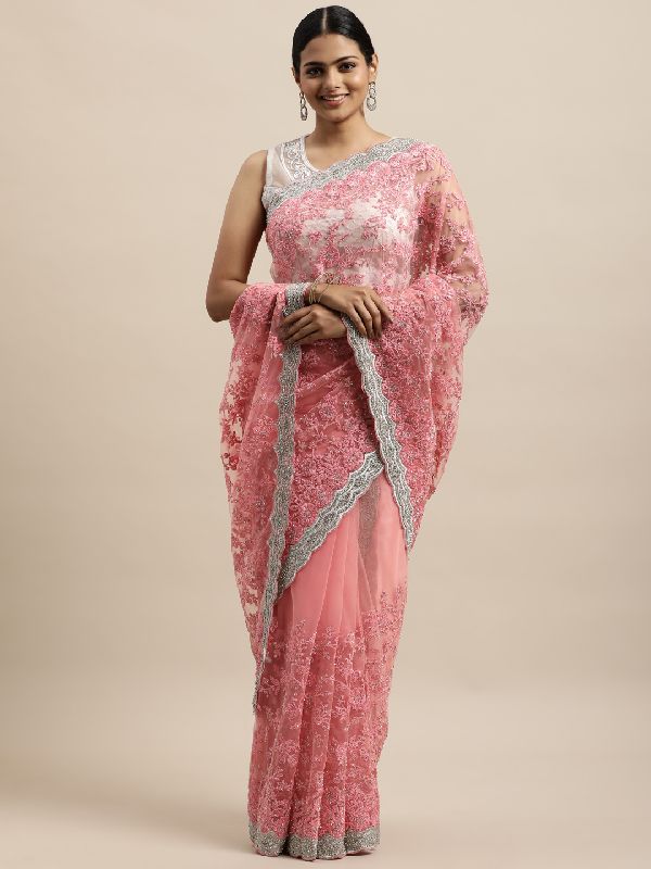 904 Net Pink Embroidered Saree