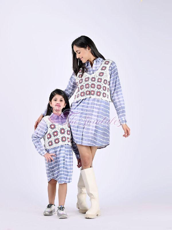 Mother and Daughter Blue Wave Crochet Dress