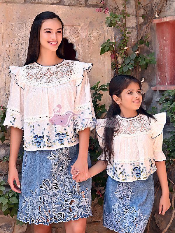 Mother and Daughter Denim Cutwork Washed Skirt