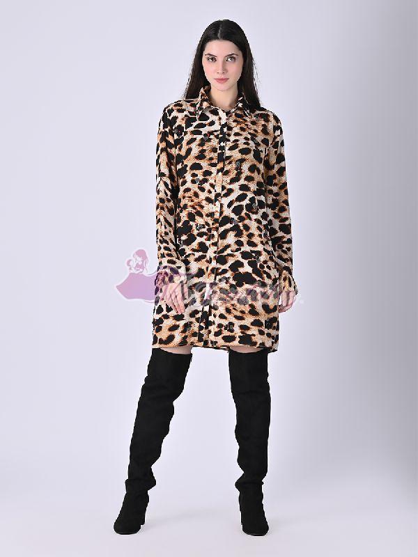 Womens Leopard Embellished Shirt Dress