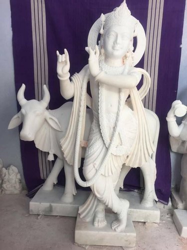 Marble Krishna With Cow Statue
