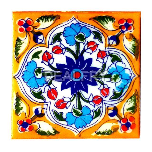 Multi-Floral Mural Panel Mosaic Blue Pottery Tiles