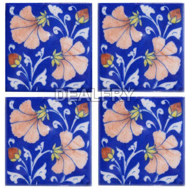 4 x 4 Inch Pack of 6 Multi-Floral Design Blue Pottery Wall Tiles