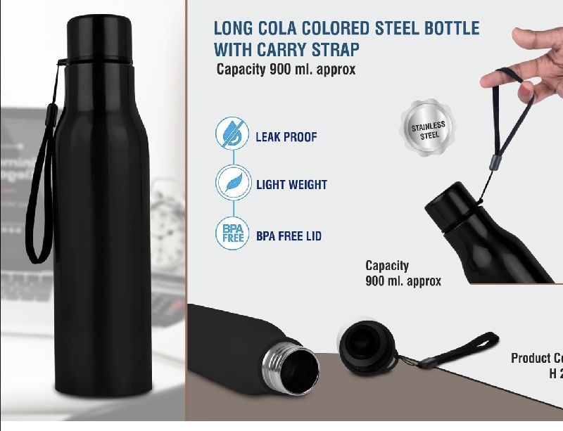 Long cola colored steel bottle with carry strap
