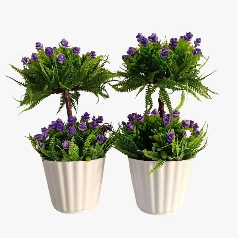 Artificial Plant Bonsai with Beautiful Purple Flowers & Ferns (Set Of 2)