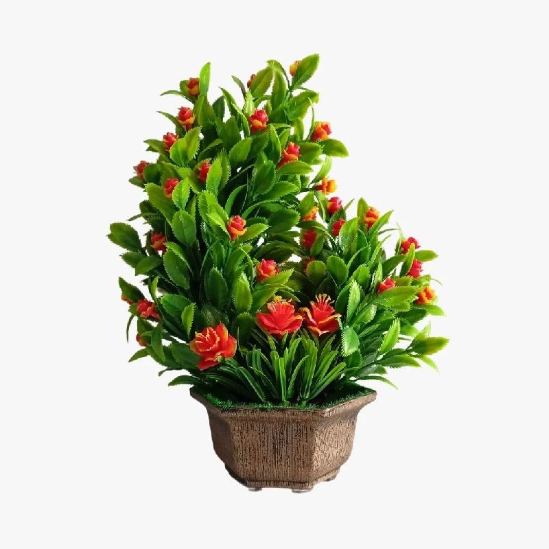 Artificial Plant Bonsai with Orange Flowers & Leaves in Wooden Style Pot