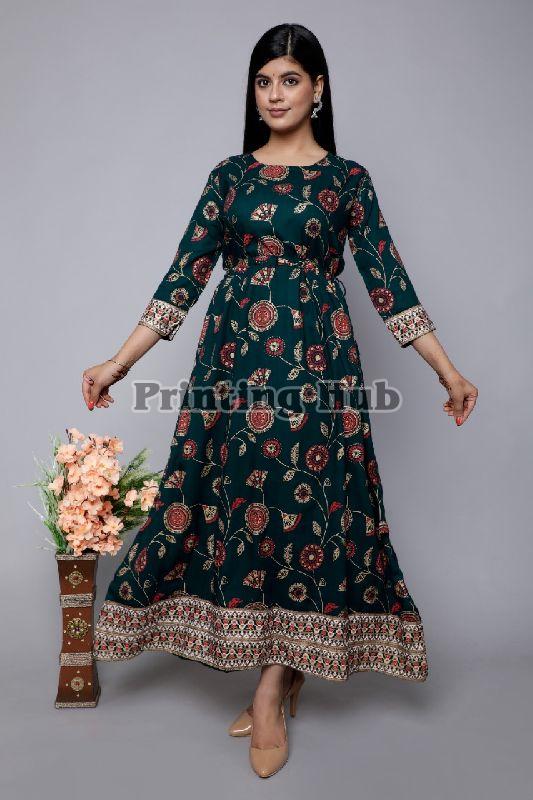 A grey block printed long Anarkali gown combines traditional Indian  aesthetics with modern style, offering a