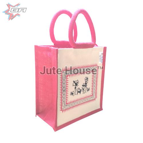 Printed Lunch Bags Eco-friendly Jute & Canvas Fabric ( Adivasi 2 Colour Print)