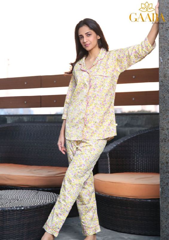 Collared Cotton Floral Night Suit