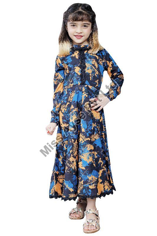 Girls Black Floral Printed Round Neck Fit And Flare Gown