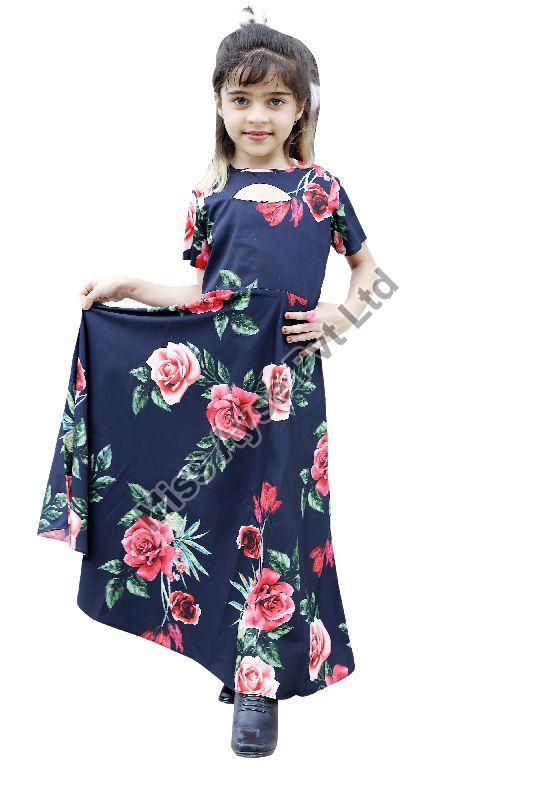 Girls Blue Floral Printed Keyhole Neck Fit and Flare Gown