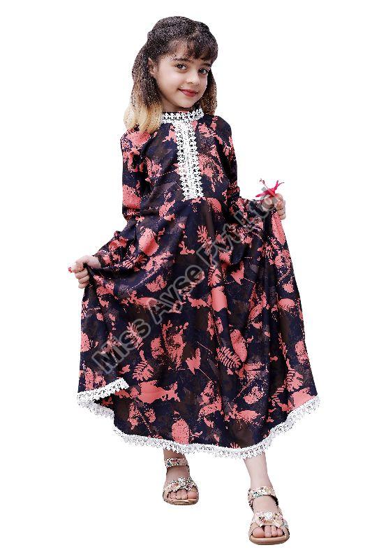 Girls Brown Floral Printed Round Neck Fit And Flare Gown