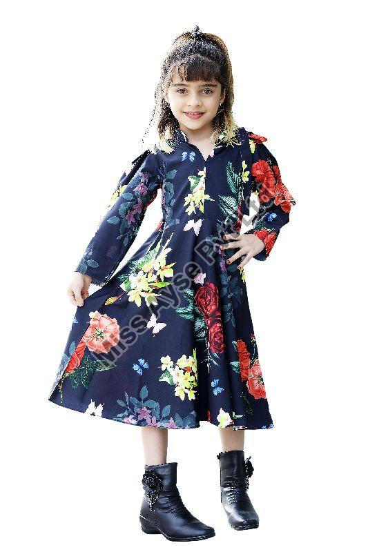 Girls Floral Printed Band Neck A Line Dress