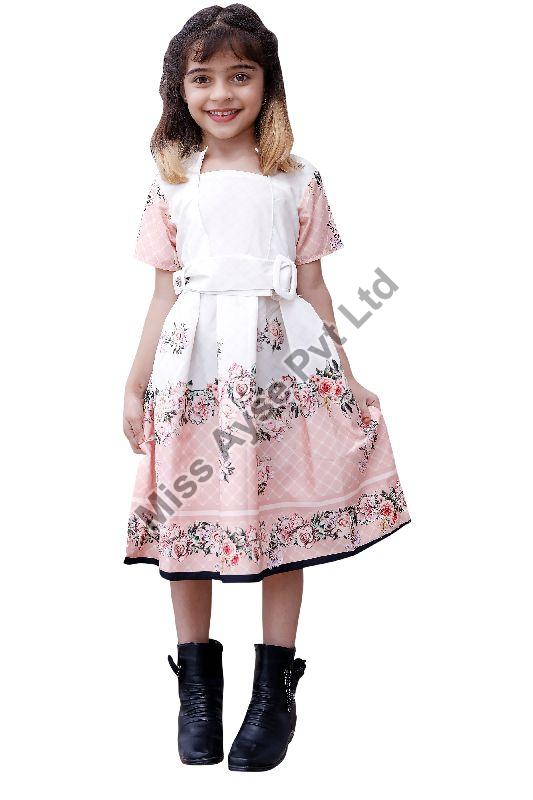 Girls Floral Printed V Neck A Line Short Dress With Belt