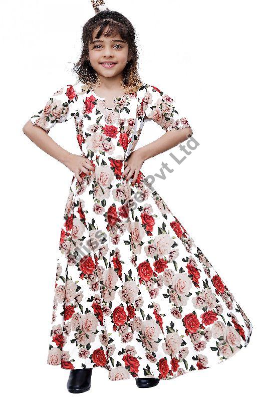 Girls Floral Printed V Neck Fit And Flare Gown With Belt