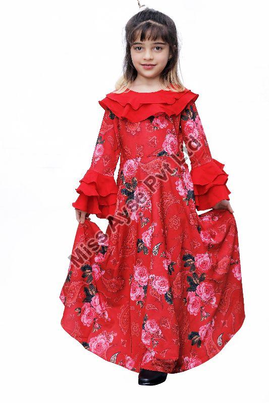 Girls Maroon Floral Printed Round Neck Fit and Flare Gown