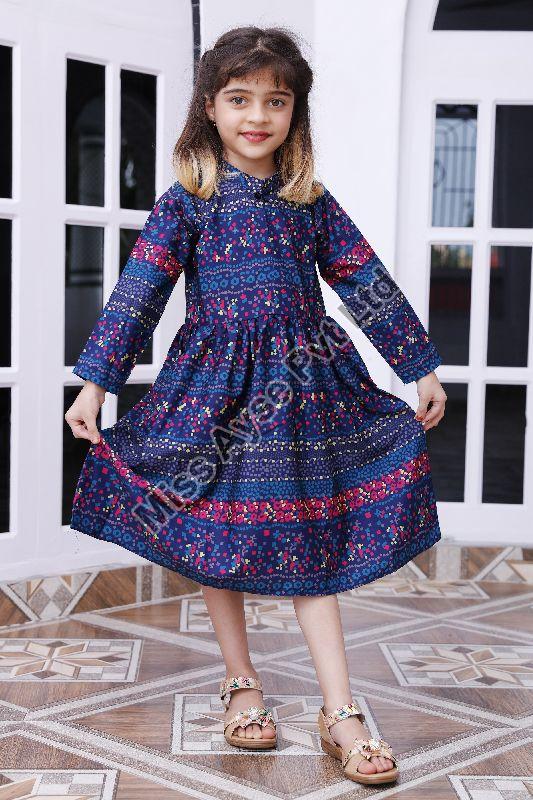 Girls Navy Blue Floral Printed Band Neck Fit and Flare Dress
