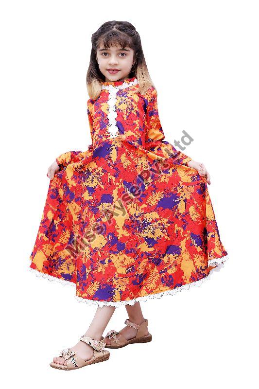 Girls Orange Floral Printed Round Neck Fit and Flare Gown