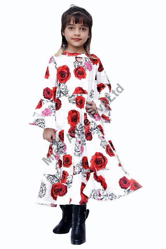 Girls White Floral Printed Keyhole Neck A Line Dress