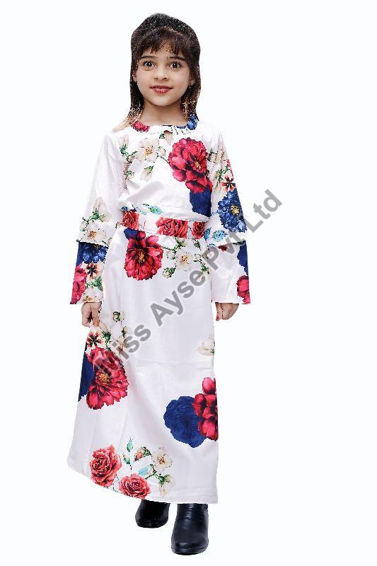 Girls White Floral Printed Keyhole Neck Fit and Flare Dress