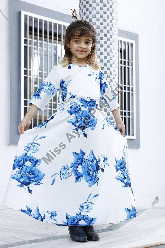 Girls White Floral Printed V Neck Fit and Flare Gown with Belt
