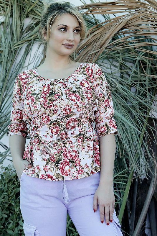 Ladies Beige Floral Printed Round Neck Top