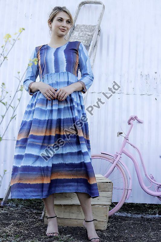 Ladies Blue Digital Printed Fit and Flare Long Dress