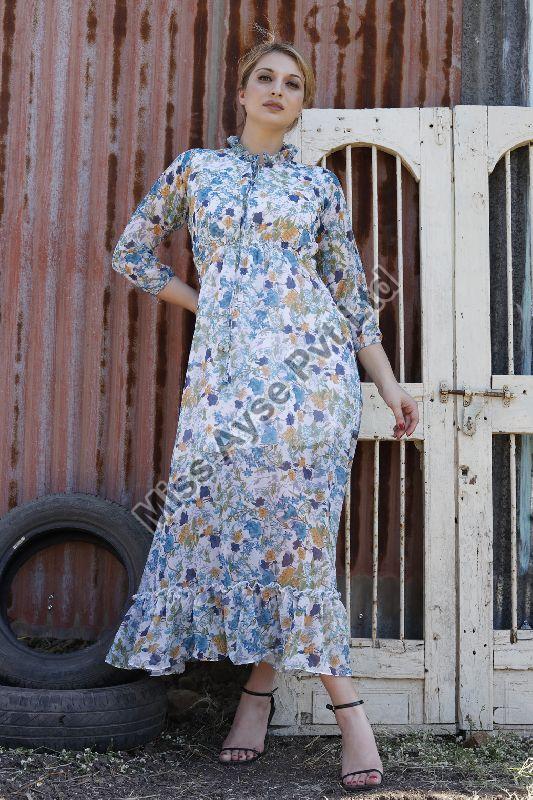 Ladies Blue Floral Printed Fit and Flare Long Dress