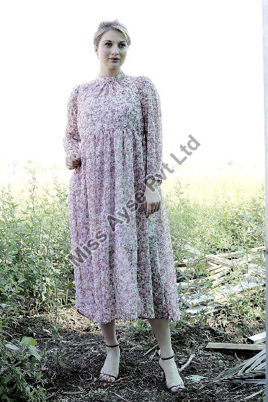 Ladies Pink Floral Printed Fit and Flare Long Dress