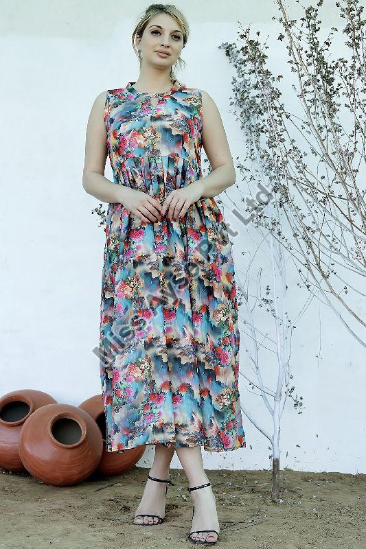 Ladies Multicolor Keyhole Neck Fit and Flare Long Dress