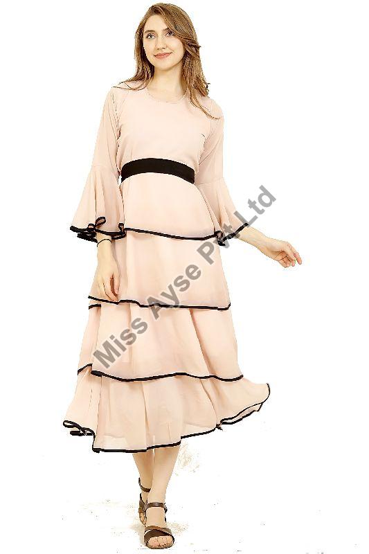Ladies Peach Bell Sleeve Layered Long Dress