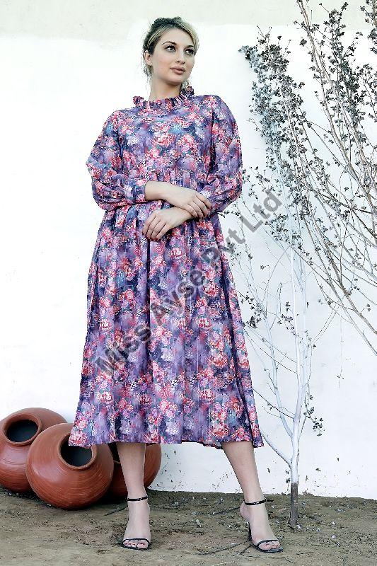 Ladies Purple Geometric Printed Fit and Flare Long Dress