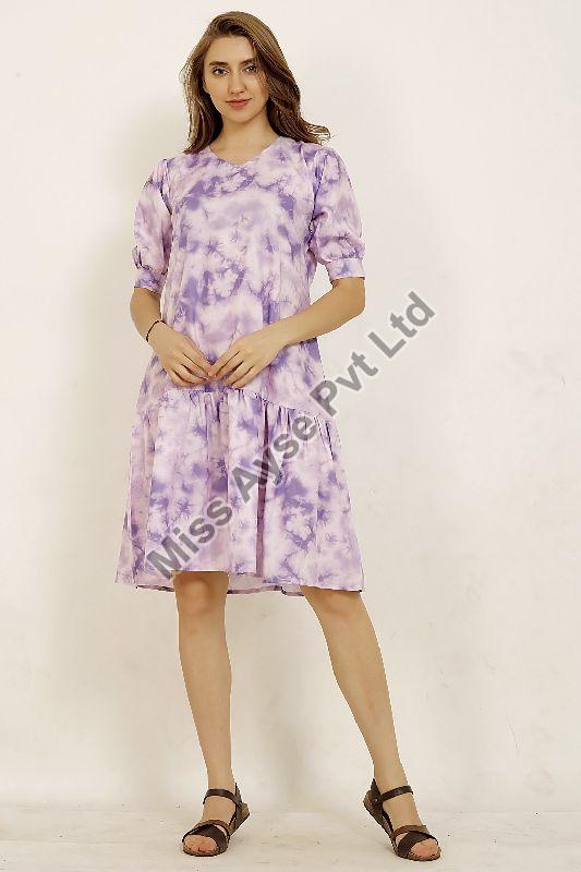 Ladies Purple Tie Dye Printed V Neck A Line Dress