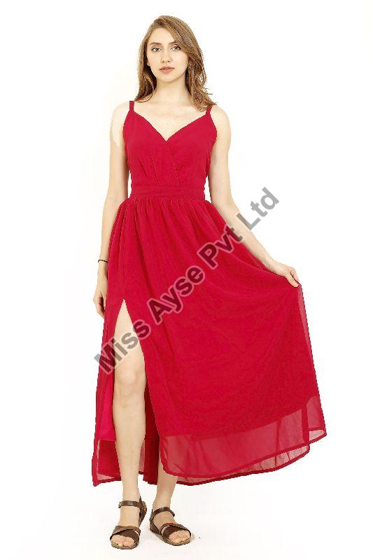 Ladies Red Sleeveless High Slit Long Dress