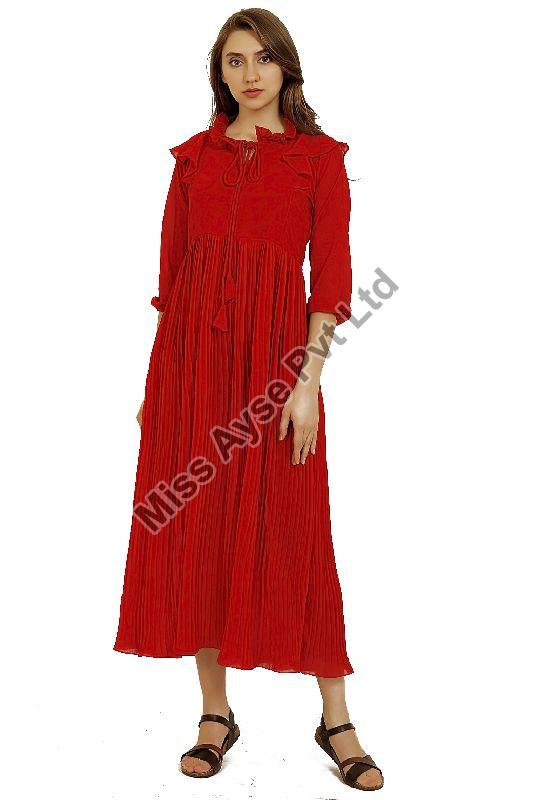 Ladies Red Tie Up Neck Fit and Flare Long Dress