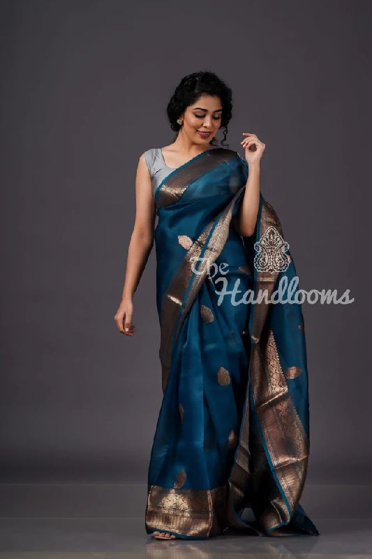 Sea Green Pure Linen Handloom Banarasi Saree – Khinkhwab