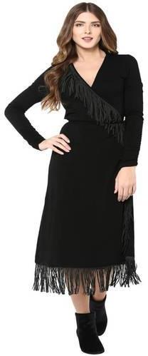 Ladies Black Woolen Lycra Tasseled Dress