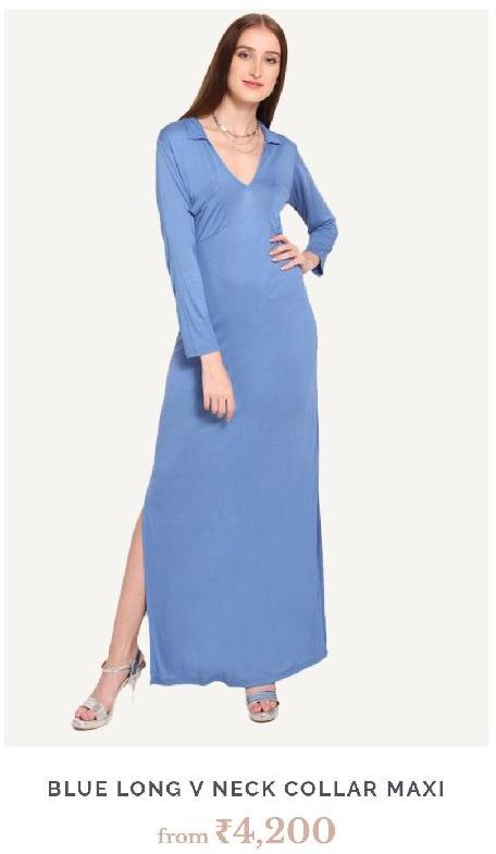 Viscose lycra Blue V Neck Collar Maxi Dress