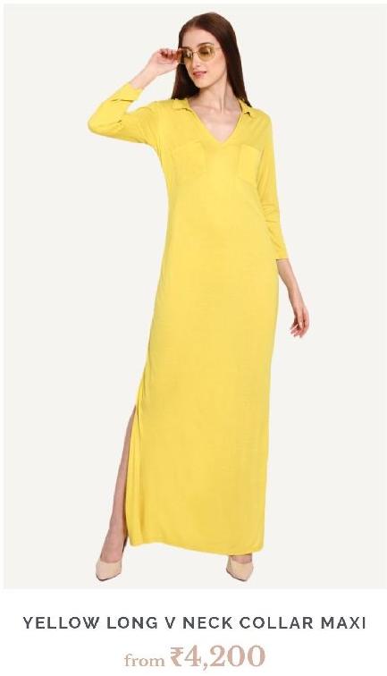 Viscose lycra Yellow V Neck Collar Maxi Dress