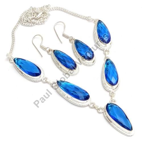 Blue Quartz Gemstone Silver Plated Necklace Set