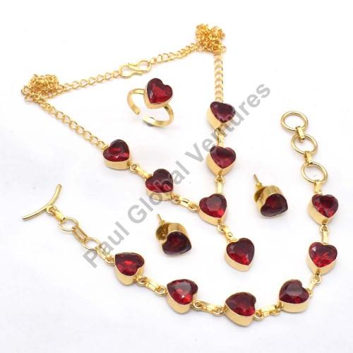 Red Garnet Quartz Gold Plated Necklace Bracelet Set