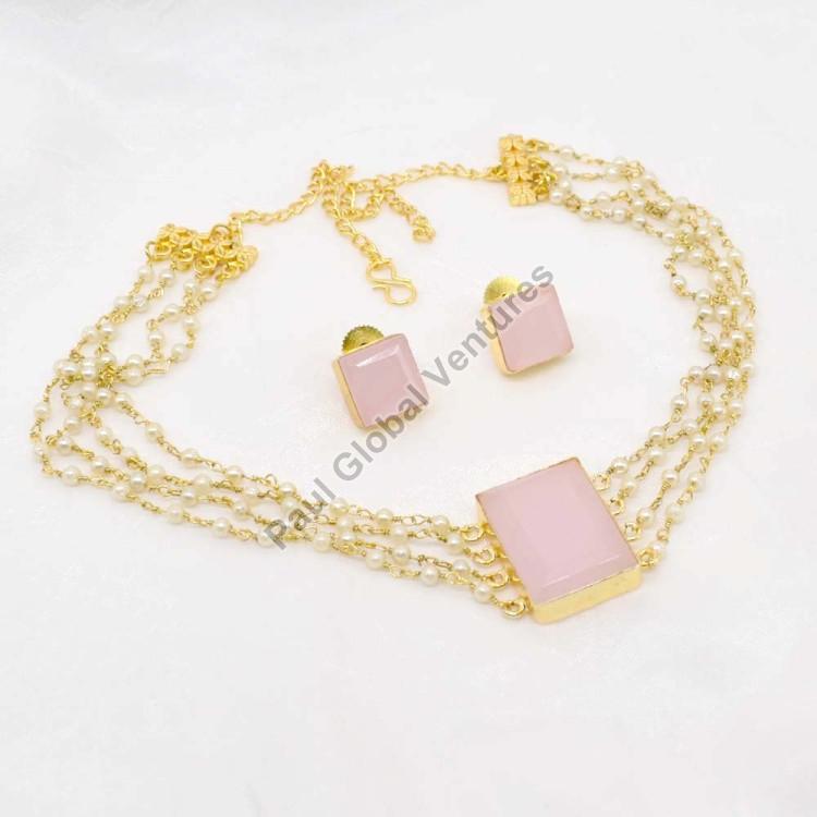 Rose Quartz Gold Plated Choker Necklace Set