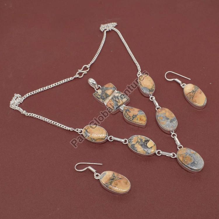 Silver Plated Malinga Jasper Gemstone Pendant Necklace Set