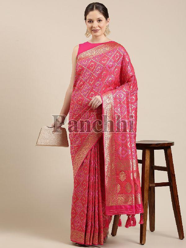 MT195 Pink and Gold Satin Paisley Zari Banarasi Saree