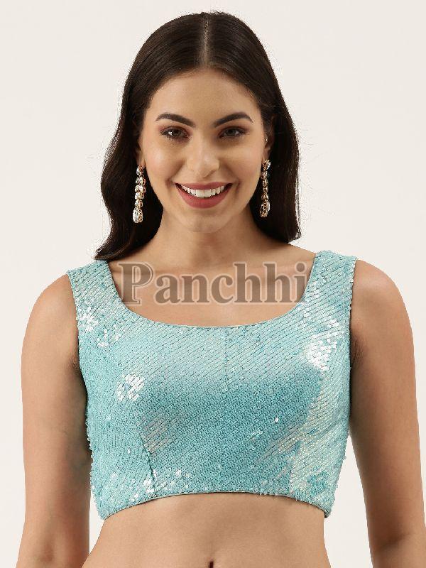 PFB 149 Turquoise Sequins Work Net Readymade Blouse