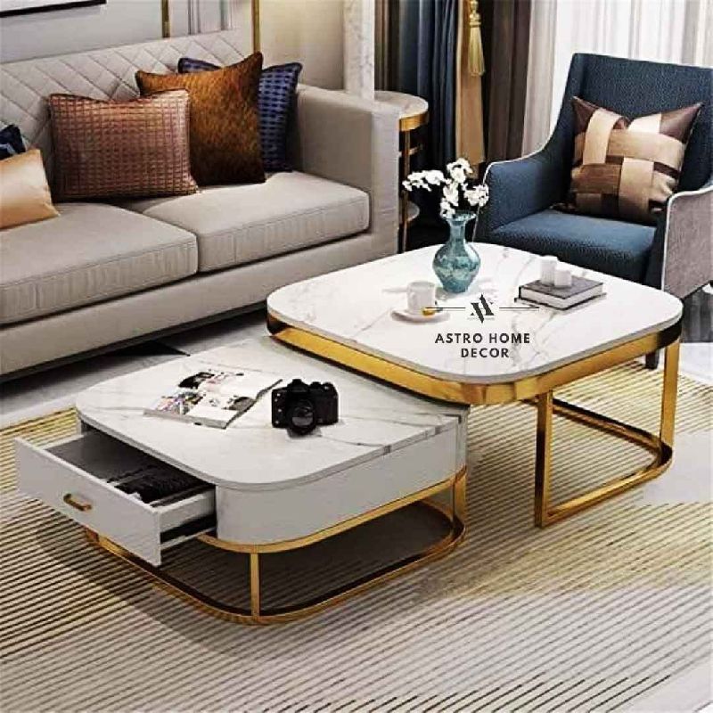 Astro Home Modern White Set of 2 Metal Nesting Center Table with Wooden Box and 1 Drawer