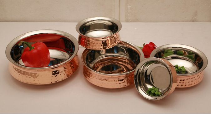5 Pcs Hammered Copper Karahi Set