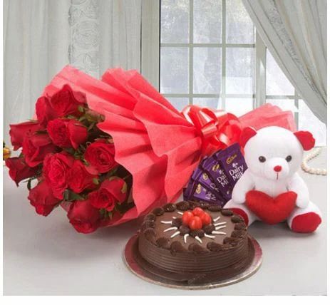 Red Cake and Flower Hamper