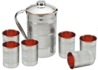 Stainless Steel Copper Water Jug with 6 Glass Set